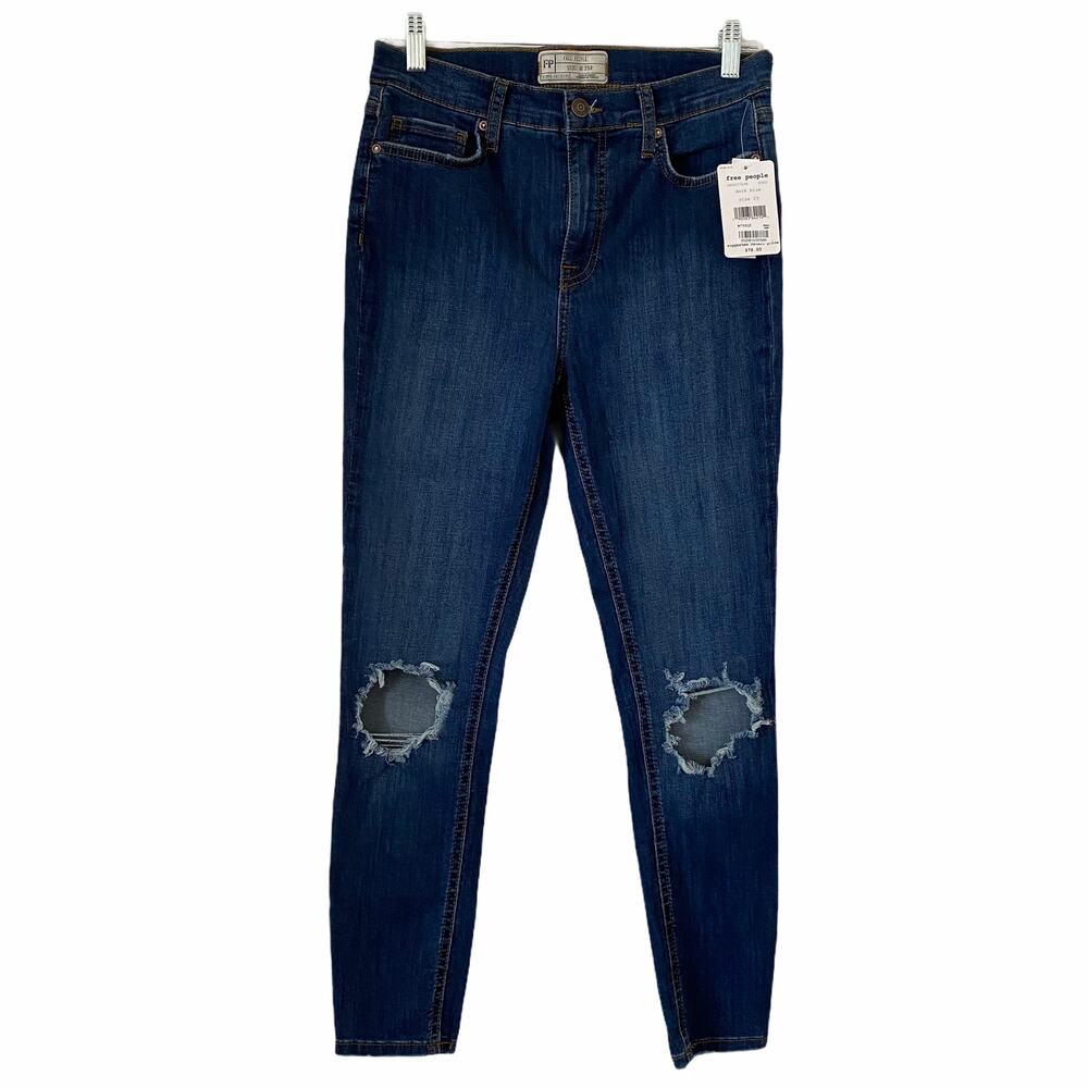 NWT Free People Distressed Dark Wash High Rise Skinny Jeans Denim Size 29R